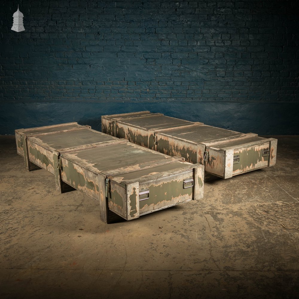 Military Shipping Crates, Pair of Green Painted Wooden Aircraft Part Shipping Boxes Reclaimed from a Norfolk RAF Base