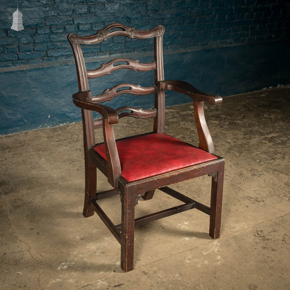 Chippendale Style Chair, Carved Hardwood with Leather Seat Cushion