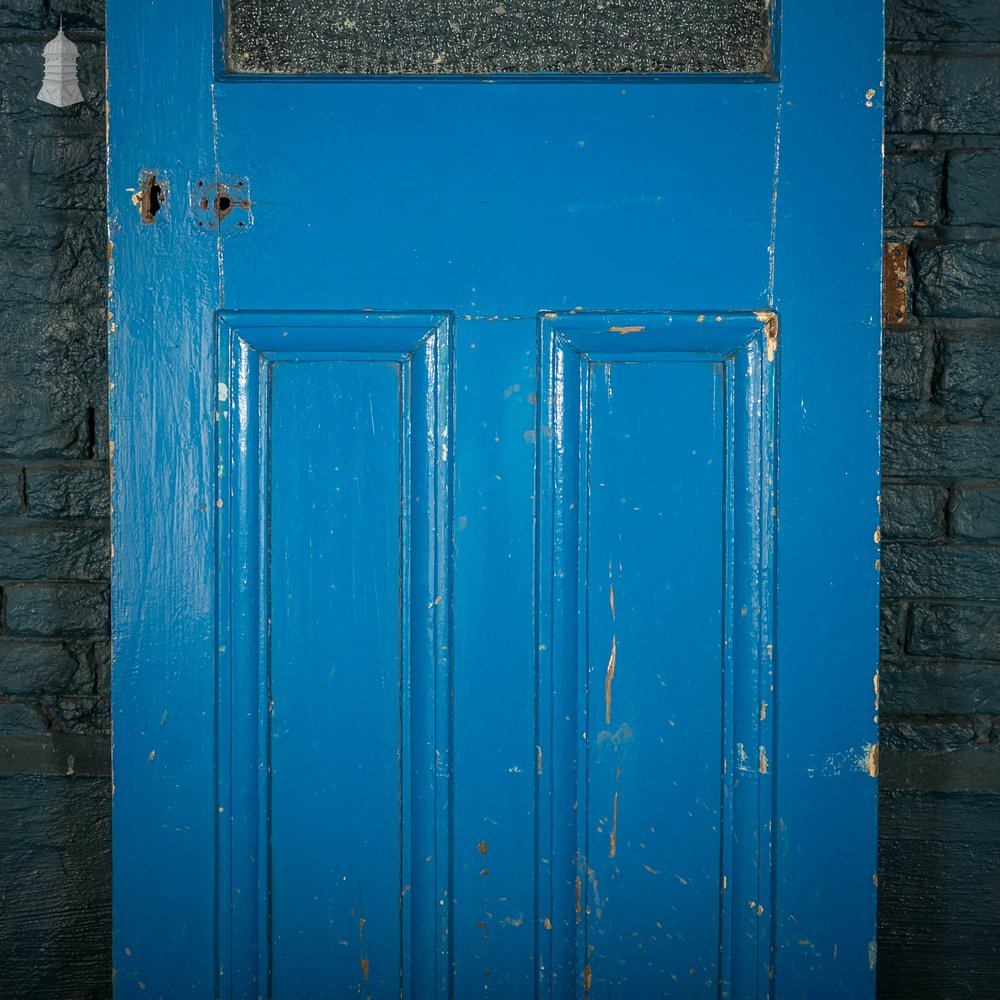 Half Glazed Door, Blue Painted Pine Fitted with ‘Arctic’ Style Textured Glass