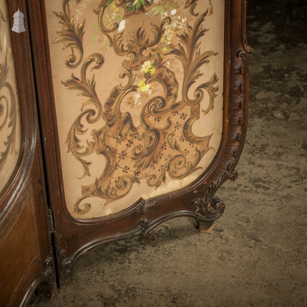 Three Panel Dressing Screen, 19th C French, Painted Canvas in Glazed Mahogany Frame