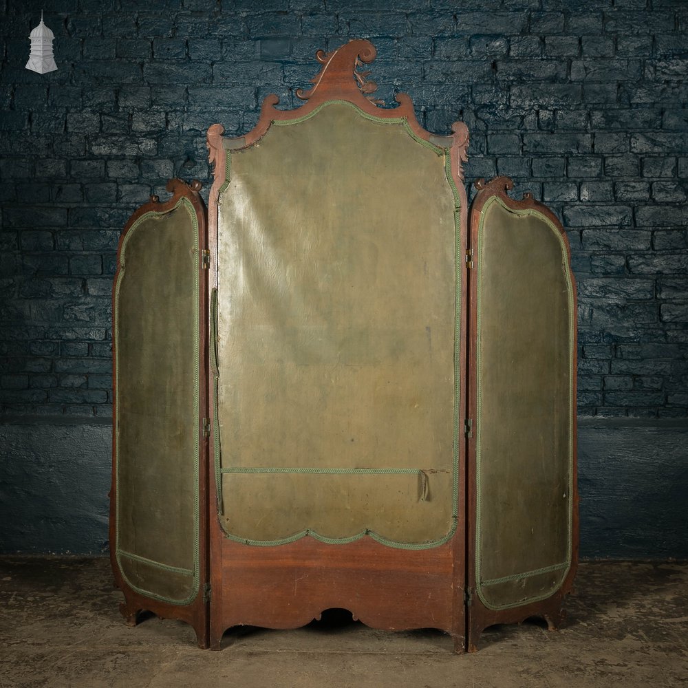 Three Panel Dressing Screen, 19th C French, Painted Canvas in Glazed Mahogany Frame