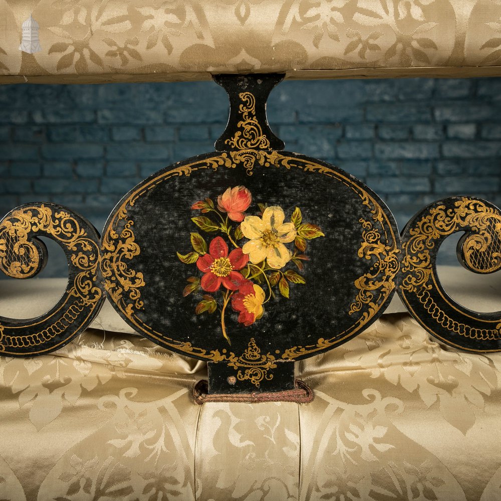 Regency Chinoiserie Sofa, Black and Gold Painted Hardwood with Floral Design