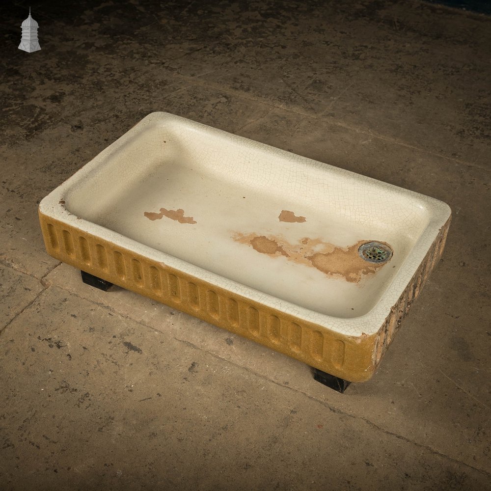 Shallow Fluted Sink, Cane and White Trough Sink with Worn Glaze
