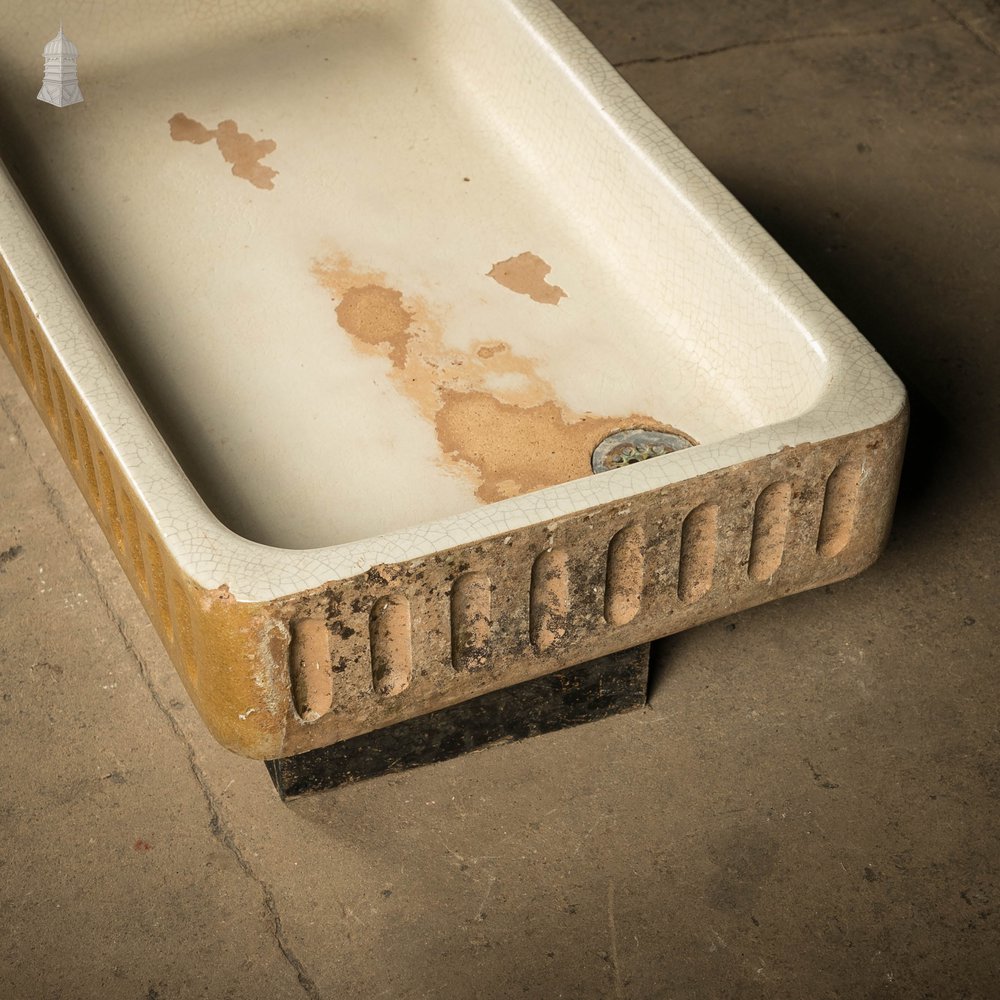 Shallow Fluted Sink, Cane and White Trough Sink with Worn Glaze