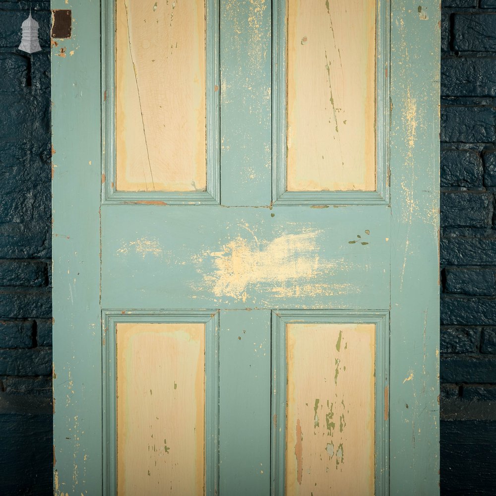 Pine Panelled Door, 4 Panel Green and Yellow Distressed Paint Finish
