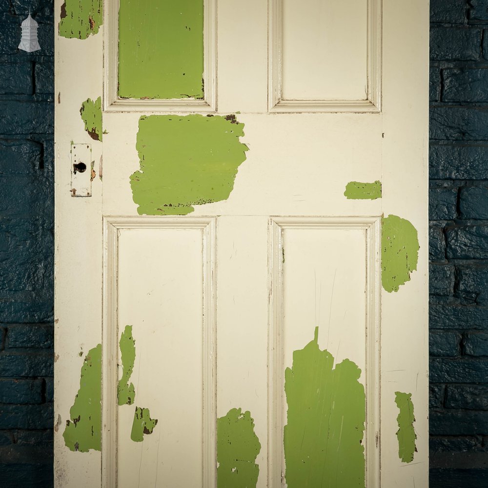 Pine Panelled Door, Moulded 4 Panel, White and Green Distressed Paint Finish
