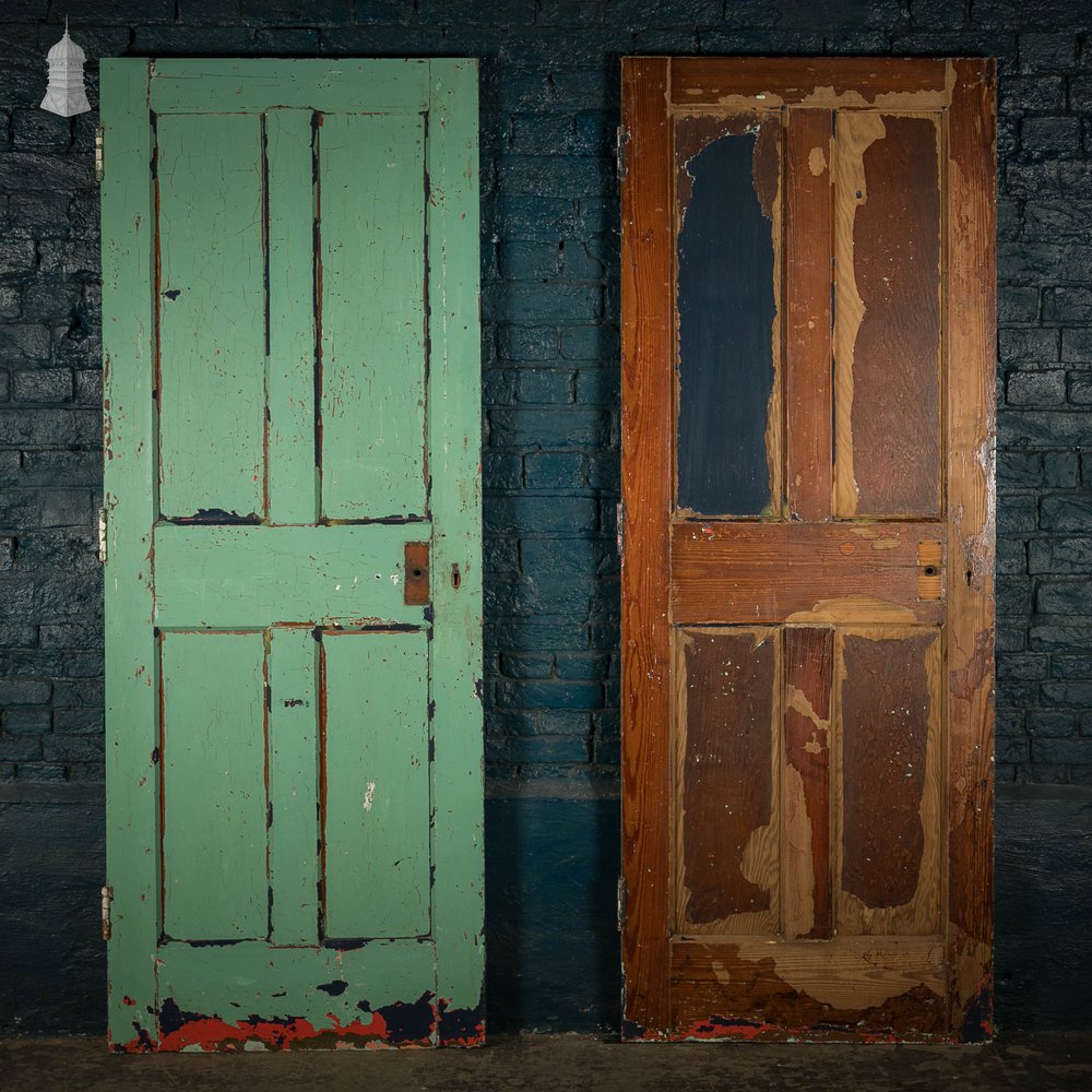 Pitch Pine Panelled Doors, Pair of 4 Panel Doors with Green Distressed Paint Finish