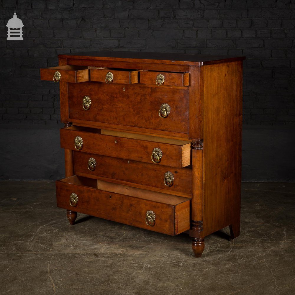 19th C Swedish Fruitwood Chest of Drawers with Column Base and Brass Pulls
