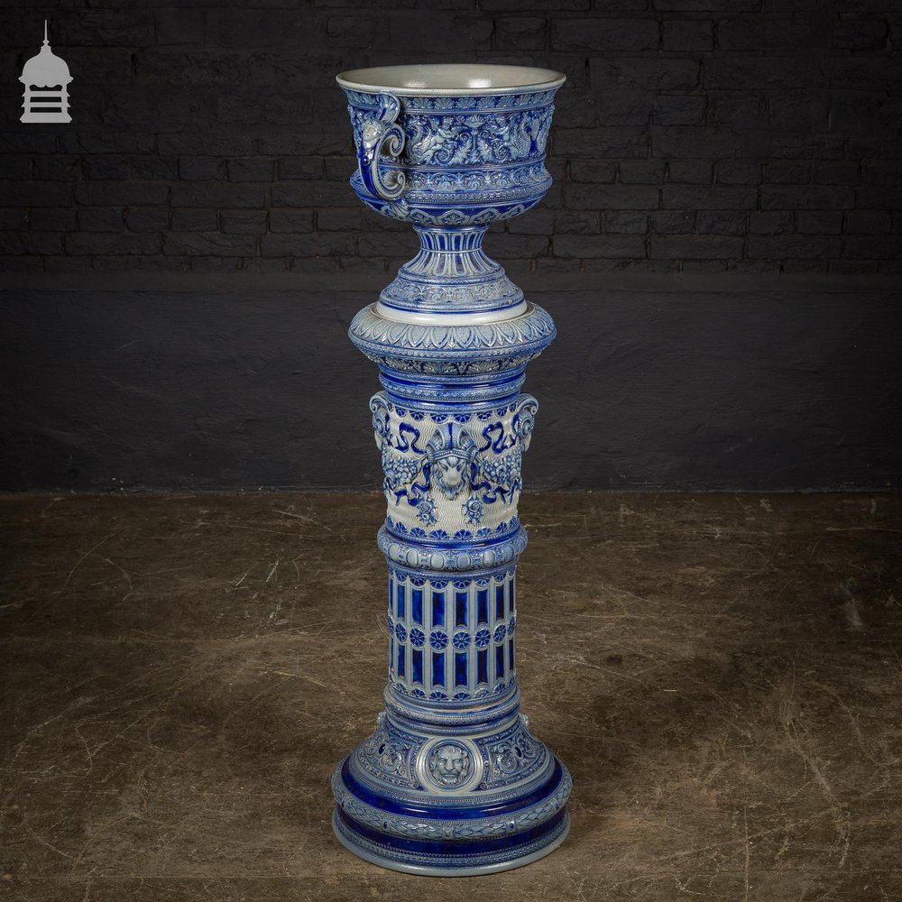 Ornate 19th C Doulton Lambeth Style Blue and White Jardinière