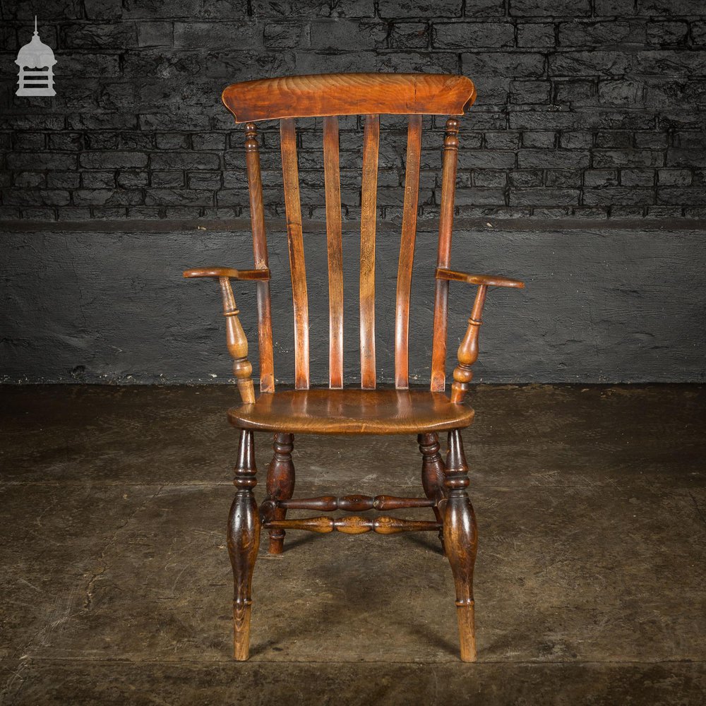 19th C Lath High Back Windsor Arm Chair with Double H Stretcher and Turned Arm Supports