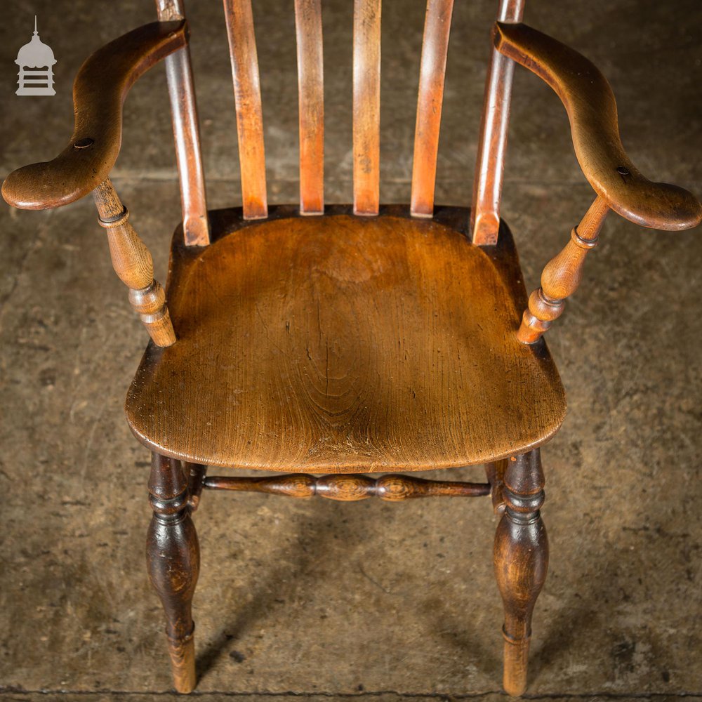 19th C Lath High Back Windsor Arm Chair with Double H Stretcher and Turned Arm Supports