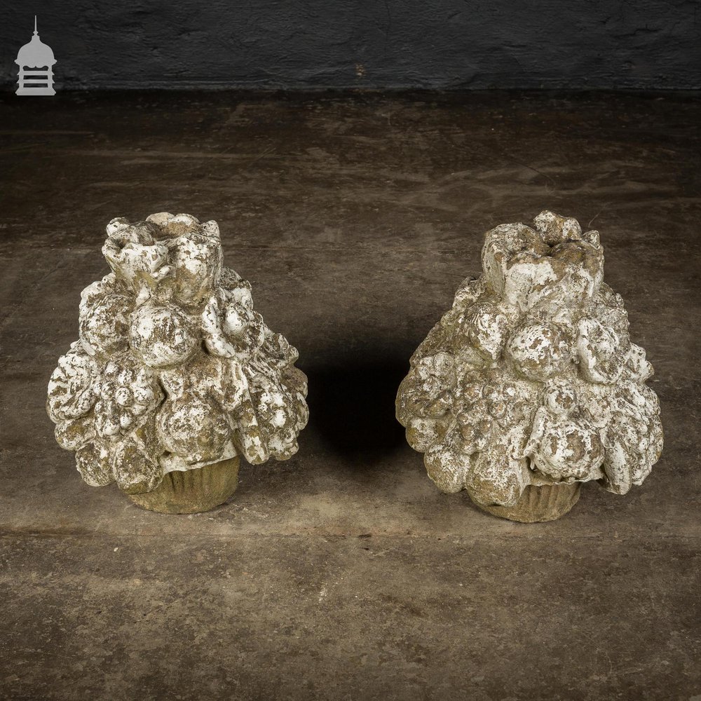 Pair of Reclaimed Composition Stone Fruit Finials Pier Caps