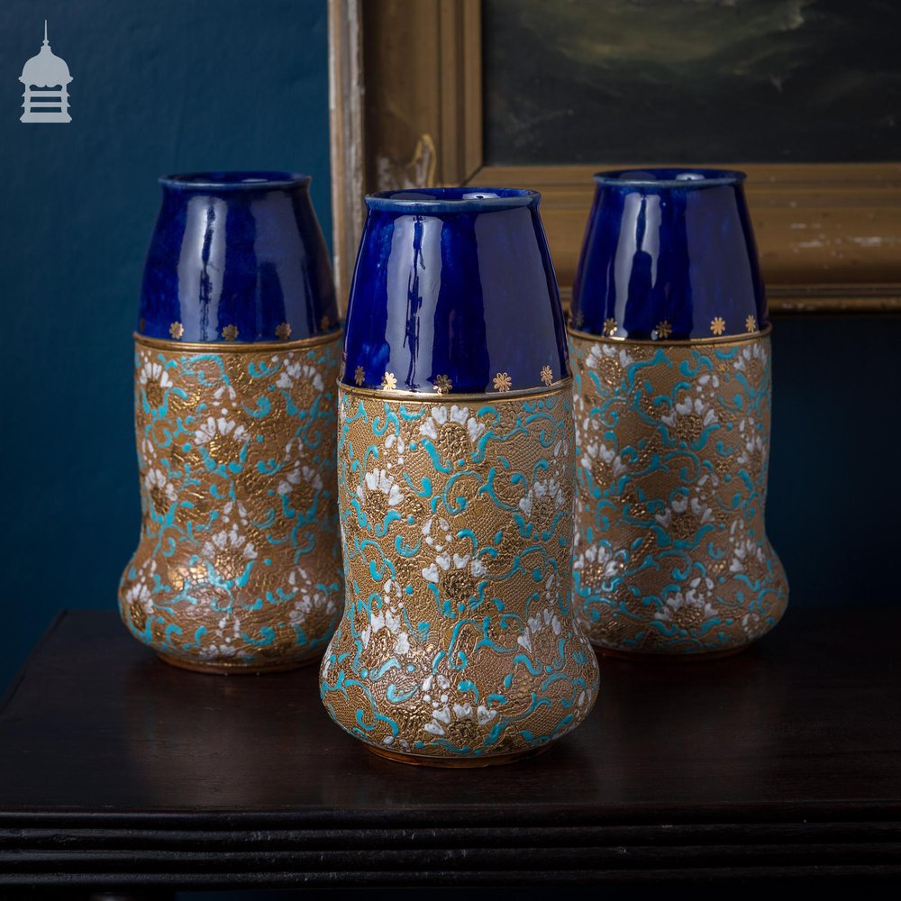 Set of 3 Ornate Blue and Gold Royal Doulton Masonic Vases