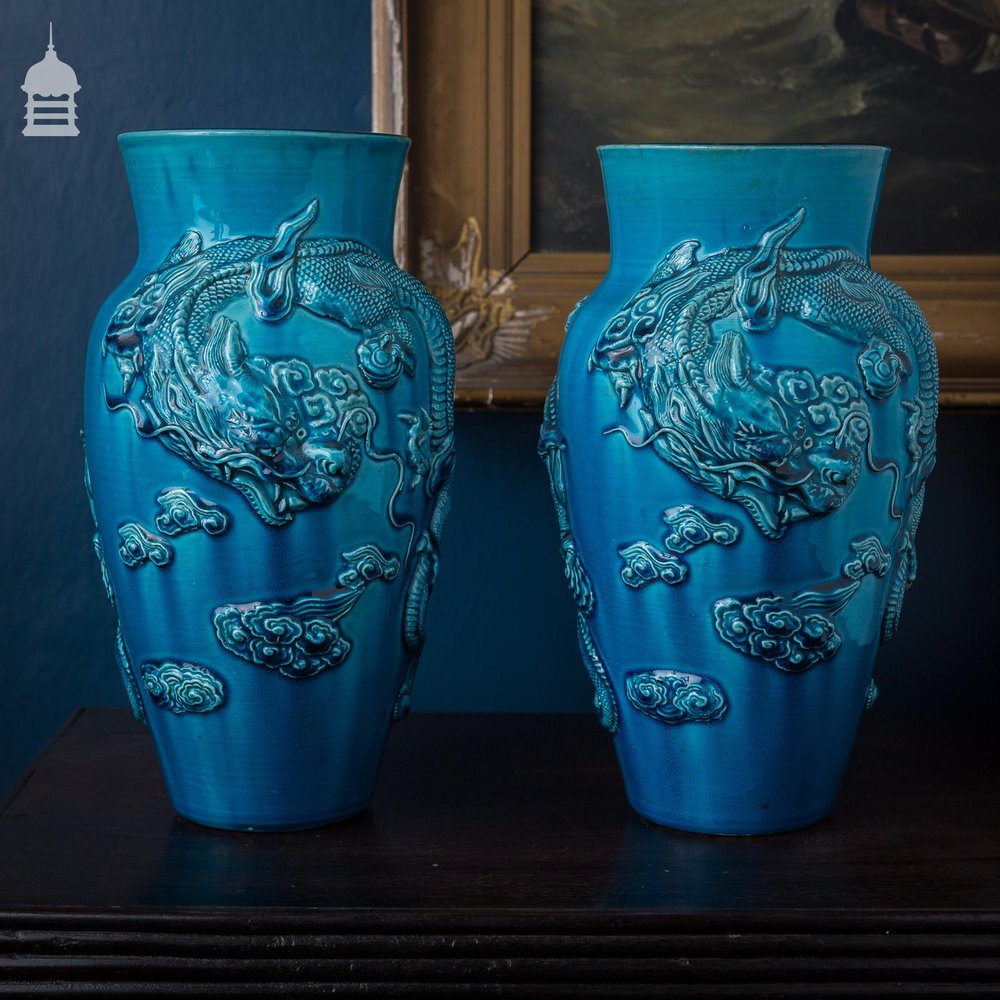 Pair of 19th C Blue Japanese Dragon Vases