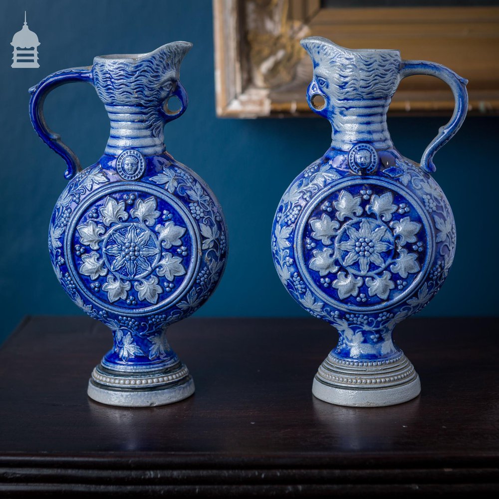 Pair of Westerwald Blue and White Moon Jugs