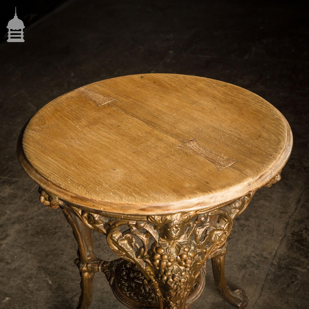19th C Cast Iron Pub Table Base With Circular Bleached Brushed Oak Top