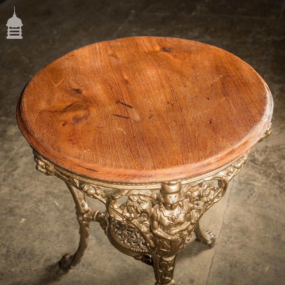 19th C Cast Iron Pub Table Base With Round Bleached Brushed Mahogany Top
