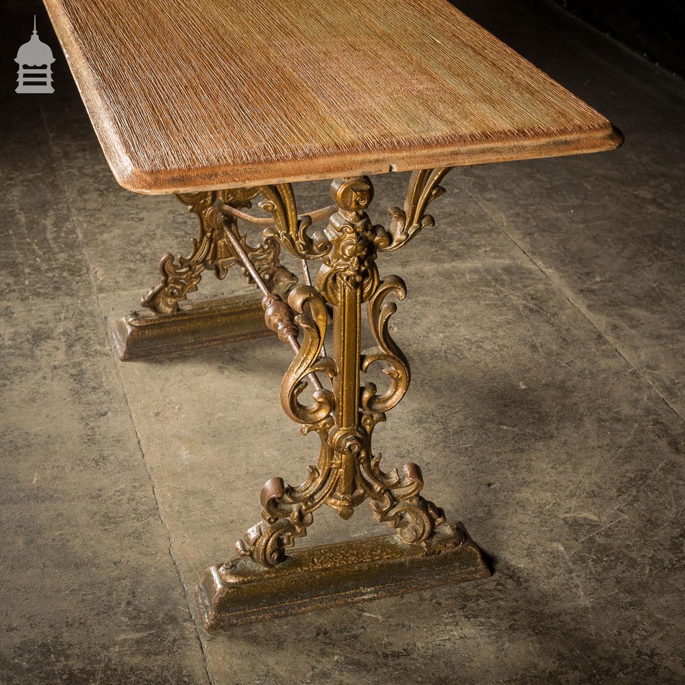 19th C Cast Iron Pub Table Base With Bleached Brushed Oak Top