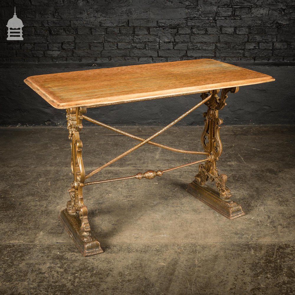 19th C Cast Iron Pub Table Base With Bleached Brushed Oak Top