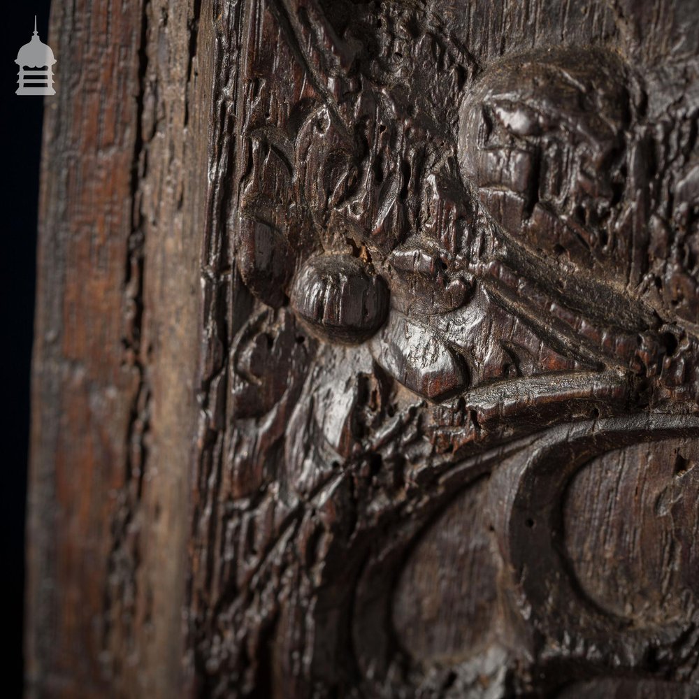 16th C Gothic Carved Oak Panel with Figure and Floral Decoration