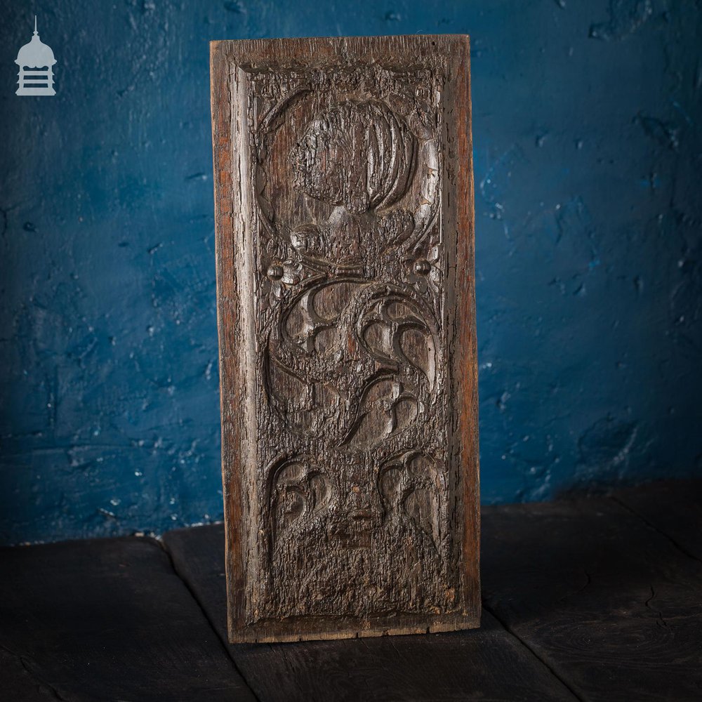 16th C Gothic Carved Oak Panel with Figure and Floral Decoration