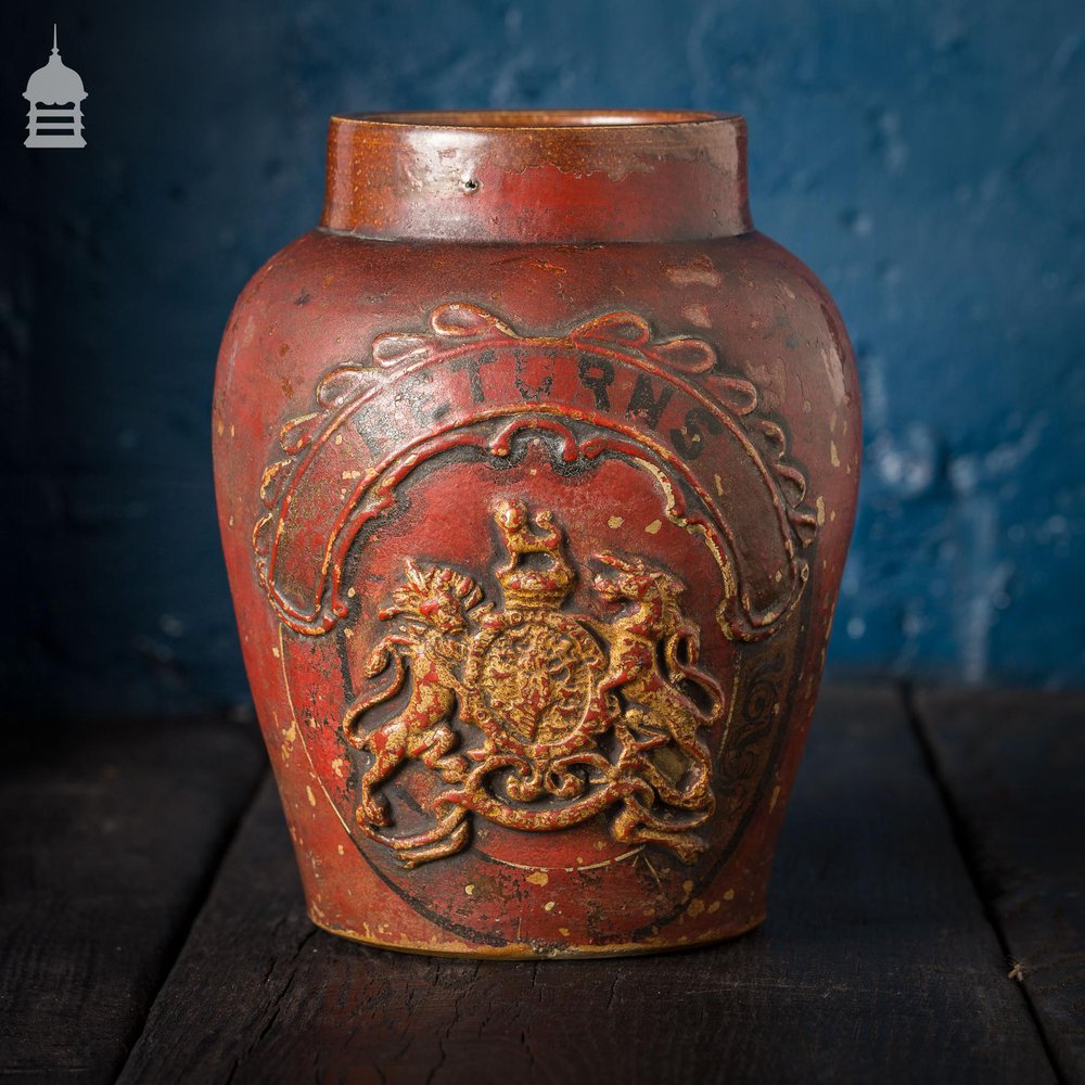 Small Victorian Red Painted Shop Tobacco Jar with Royal Crest Marked ‘Returns'