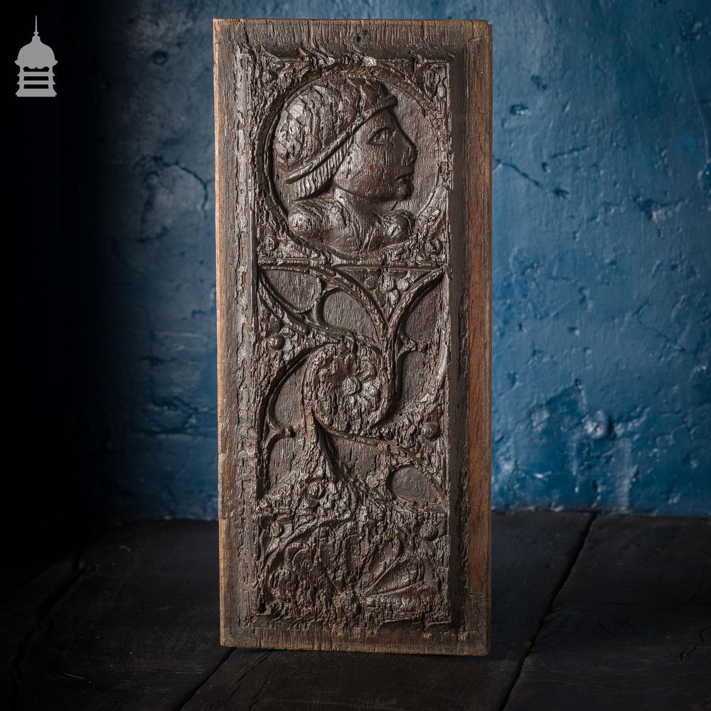 16th C Gothic Carved Oak with Figure and Floral Decoration Panel