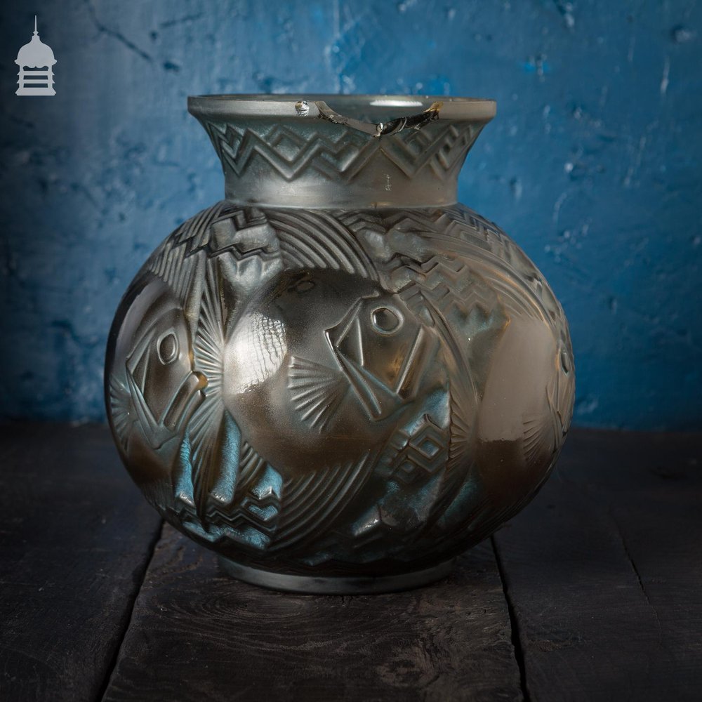 Art Deco Poissons Green Glass Fish Bowl Vase by P. Dávesn