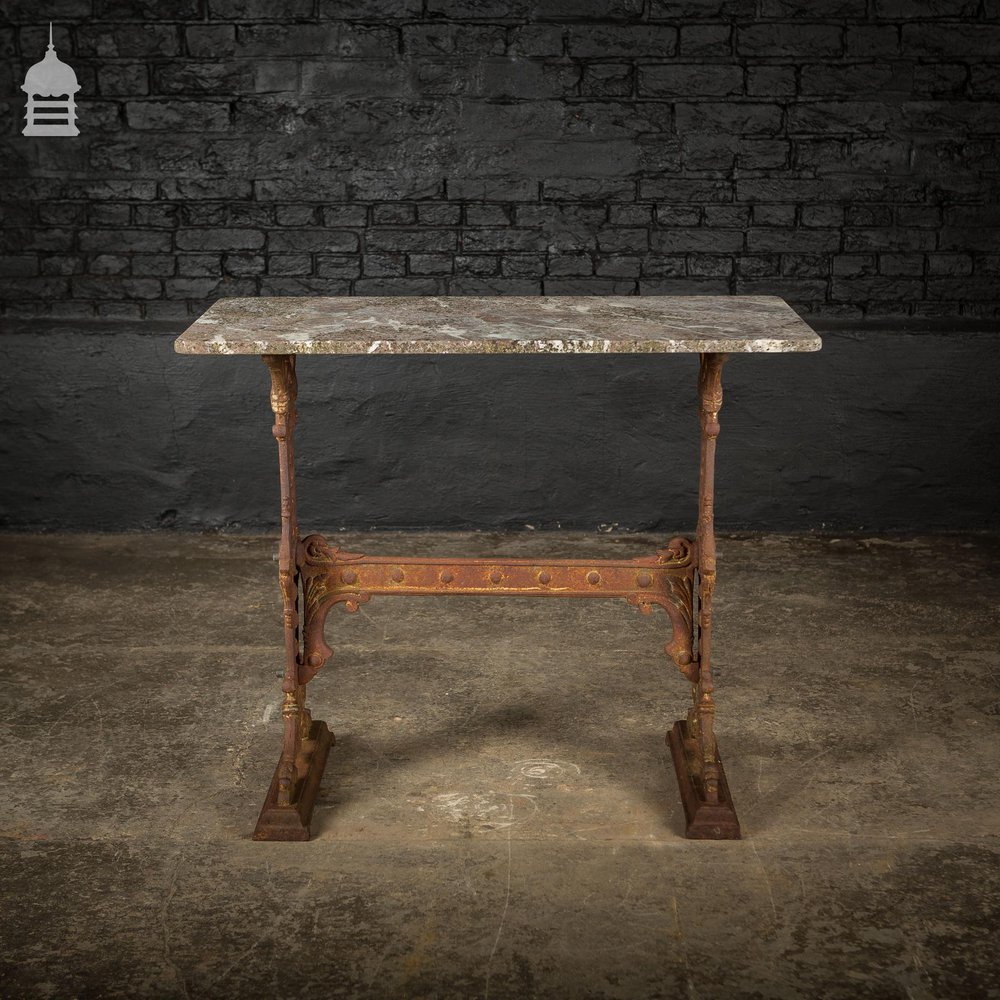 Impressive 19th C Gaskell & Chambers Ornate Cast Iron Side Table With Weathered Marble Top