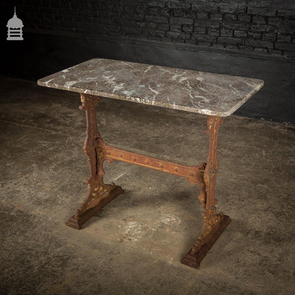 Impressive 19th C Gaskell & Chambers Ornate Cast Iron Side Table With Weathered Marble Top