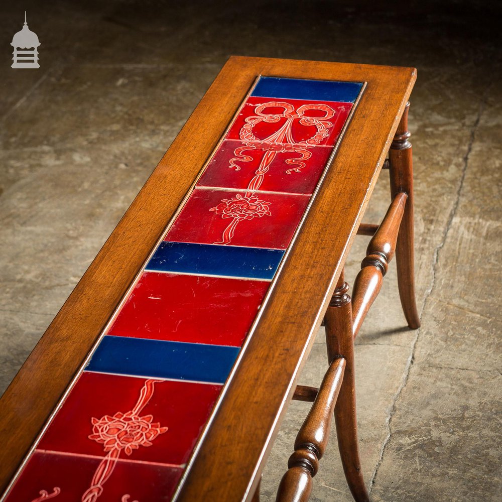 19th C Red & Blue Inset Tiled Bench Stool with Turned Detail Legs
