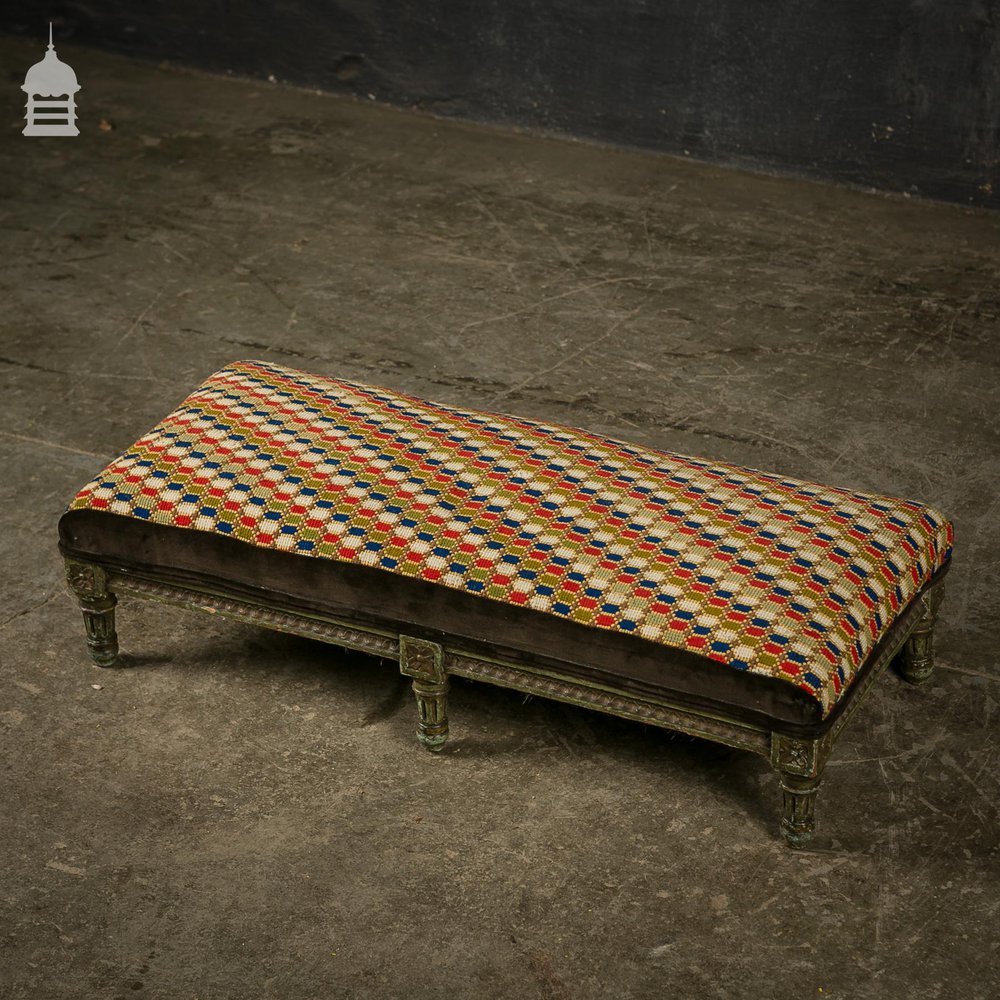 18th C Ornately Carved Hardwood Foot Stool with Colourful Upholstery