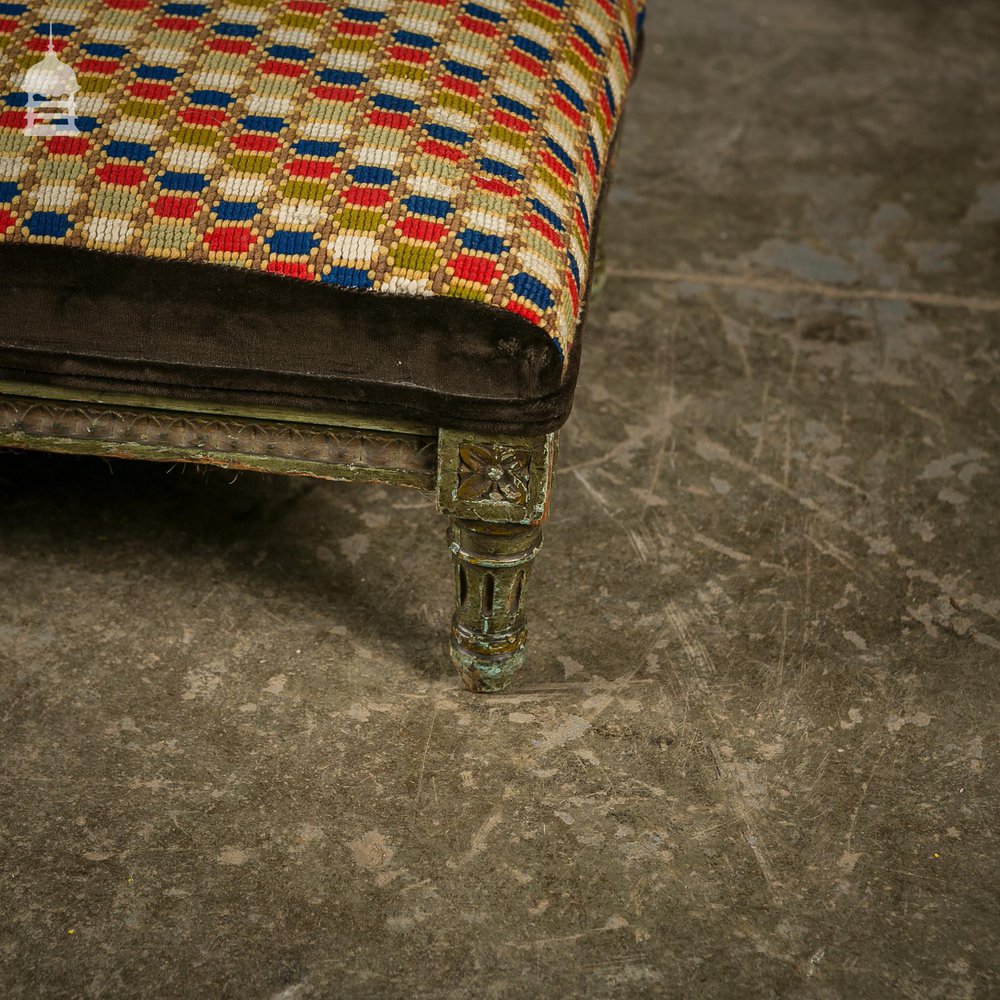 18th C Ornately Carved Hardwood Foot Stool with Colourful Upholstery