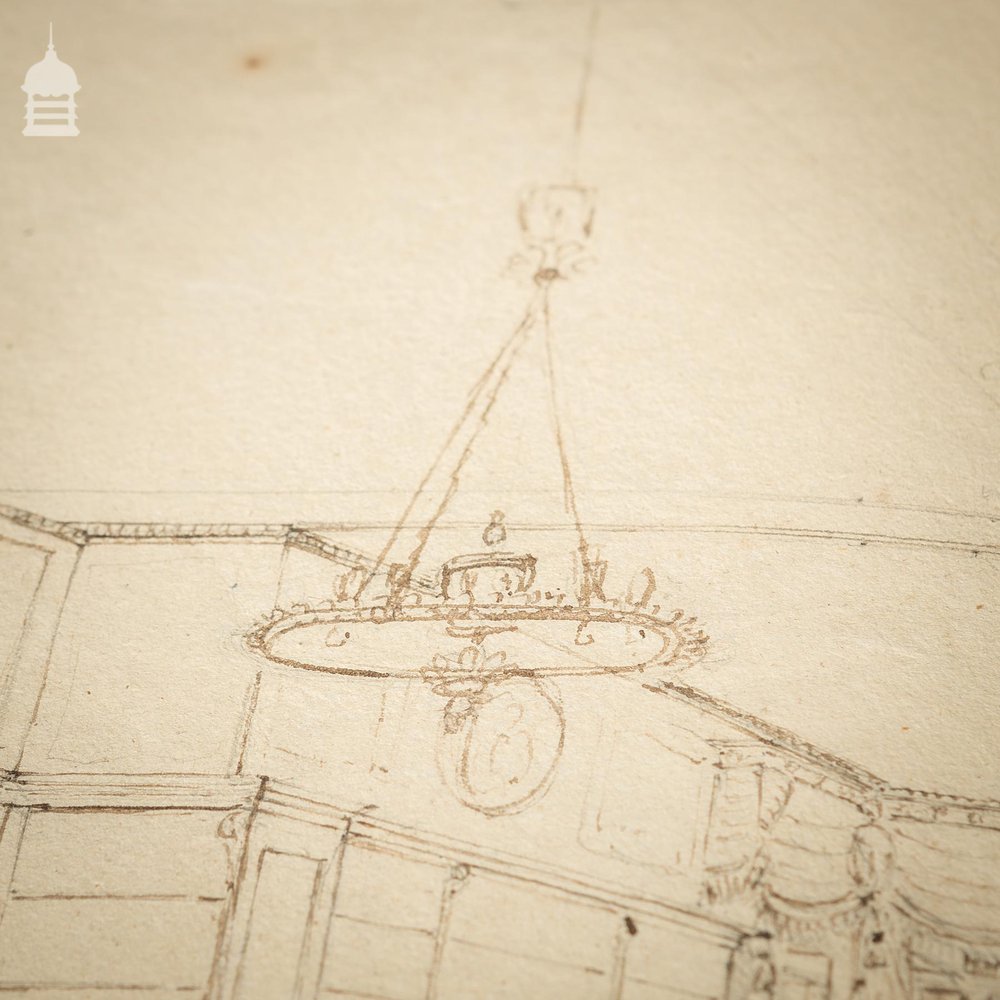 Original Edwardian Hand Drawn Sketch of a Stately Home Grand Drawing Room