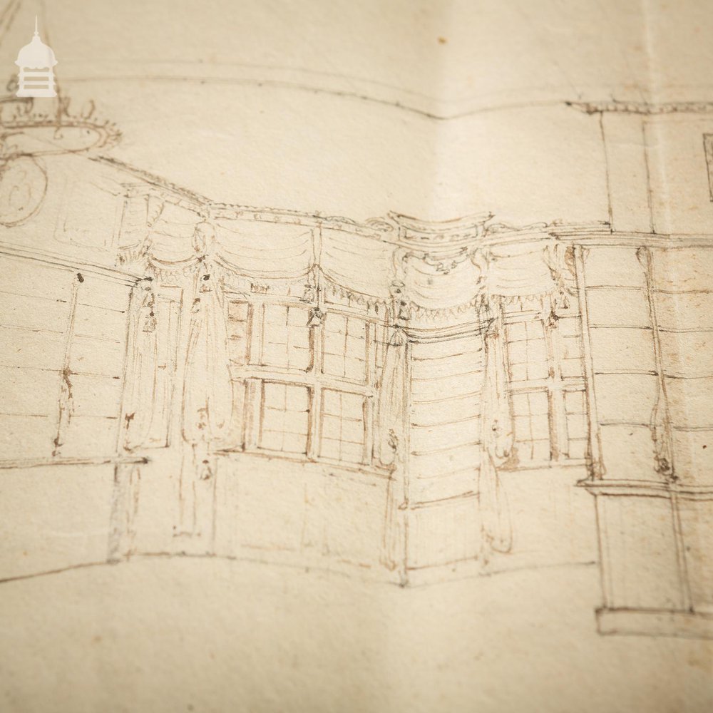 Original Edwardian Hand Drawn Sketch of a Stately Home Grand Drawing Room