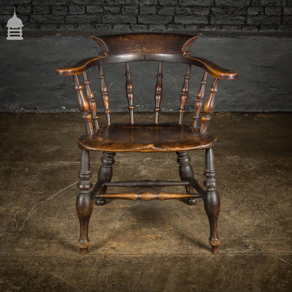19th C Captains Bow Seat Smokers Chair with Turned Arm Supports and Double H Stretcher