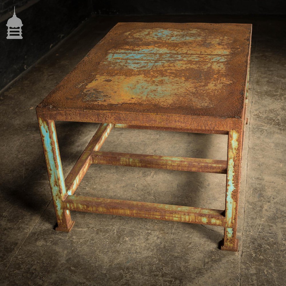 Industrial Box Section Low Level Worktable with Original Rusty Distressed Blue Paint Finish