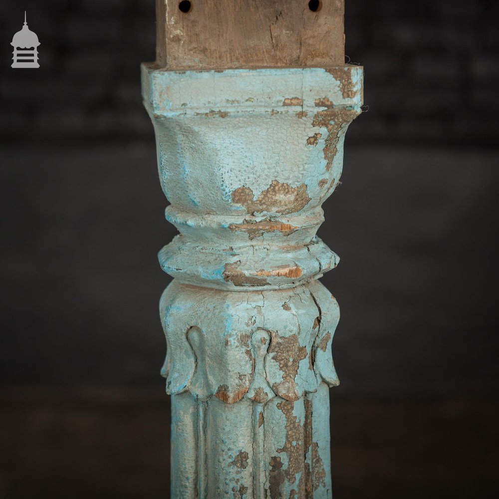 Set of 4 19th C Blue Painted Reeded Hardwood Columns with Acanthus Leaf Detail