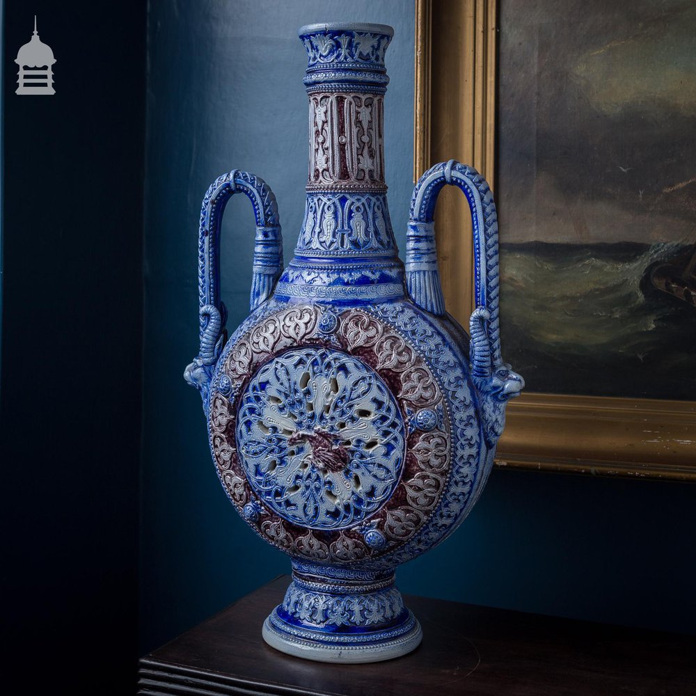 Large Blue and White Westerwald Moon Jug Vase with Handles