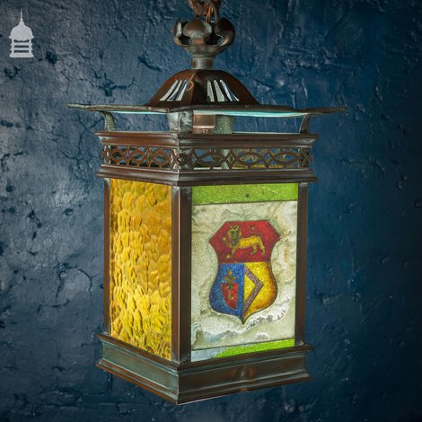 19th C Arts & Crafts Copper Lantern with Heraldic Shield Coloured Glass