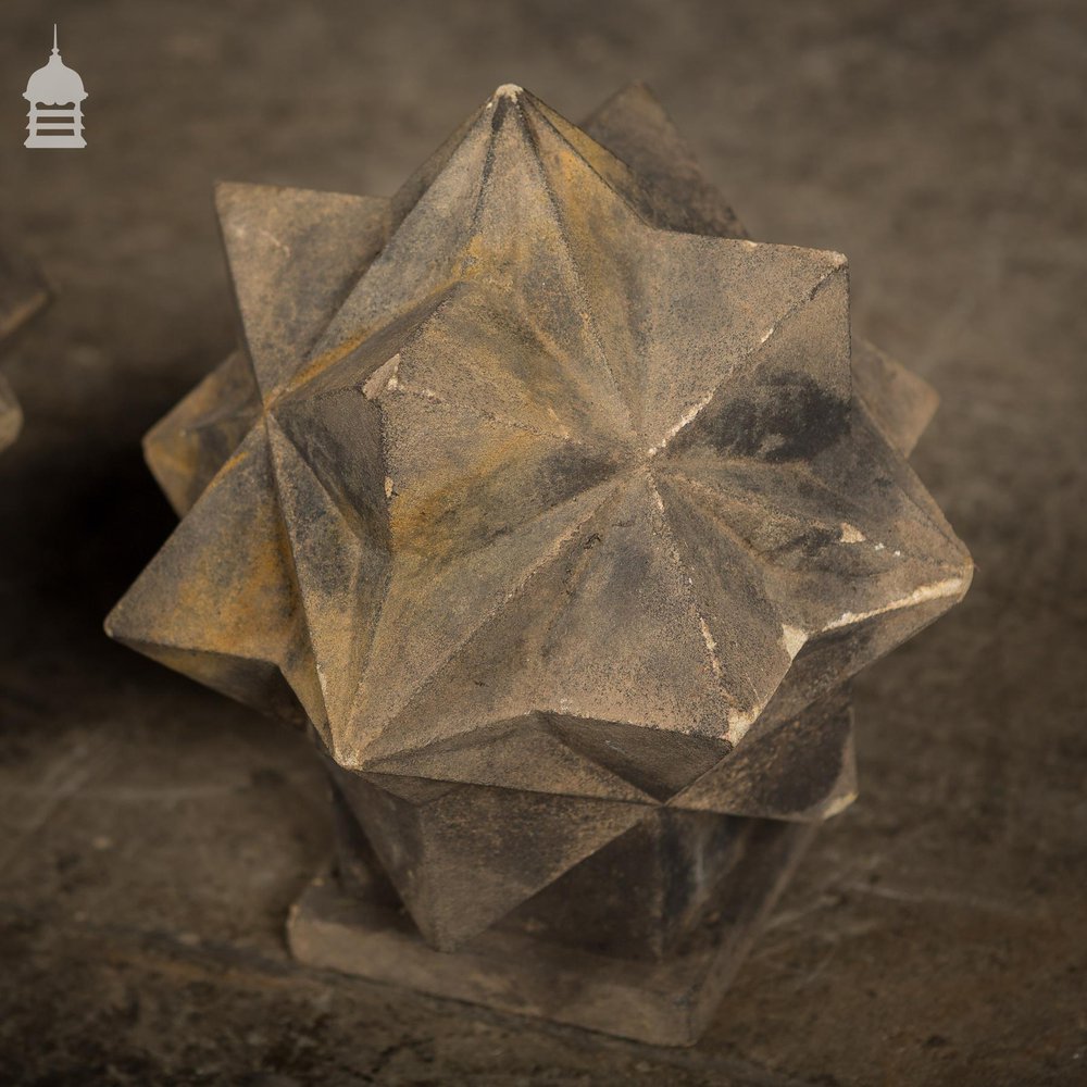 Pair of Carved Sandstone Geometric Star Design Pier Caps