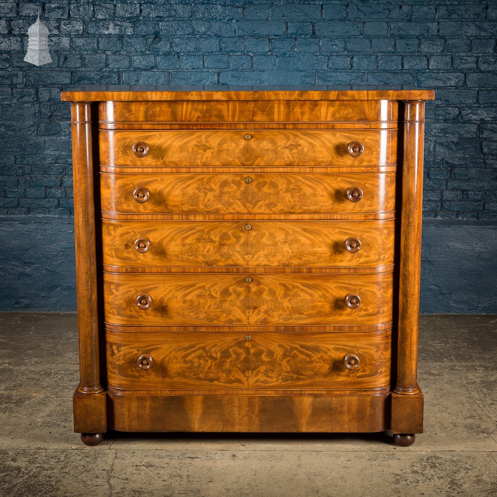 19th C Impressive Bow Fronted Flanked Column Mahogany Chest of Drawers
