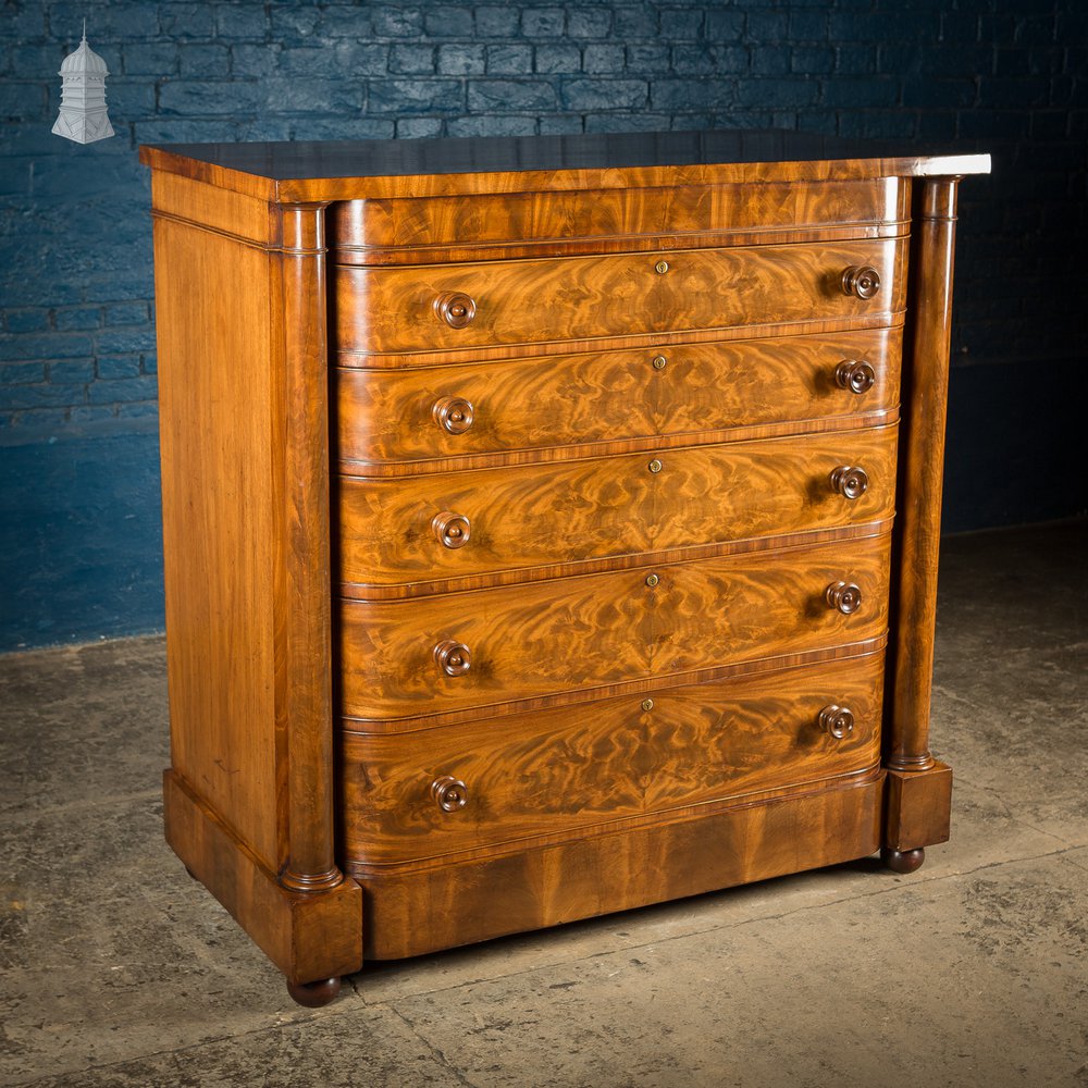 19th C Impressive Bow Fronted Flanked Column Mahogany Chest of Drawers
