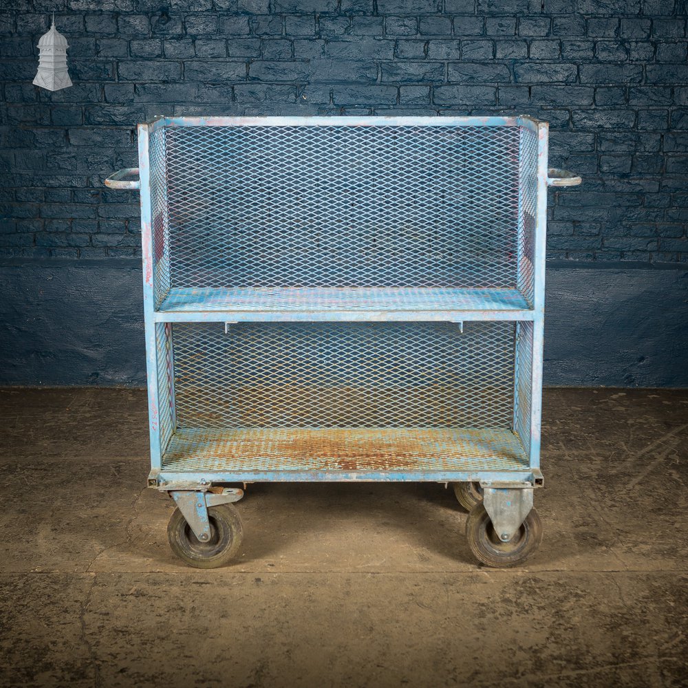 Vintage Blue Painted Steel Industrial Wheeled Trolley Shelving Unit