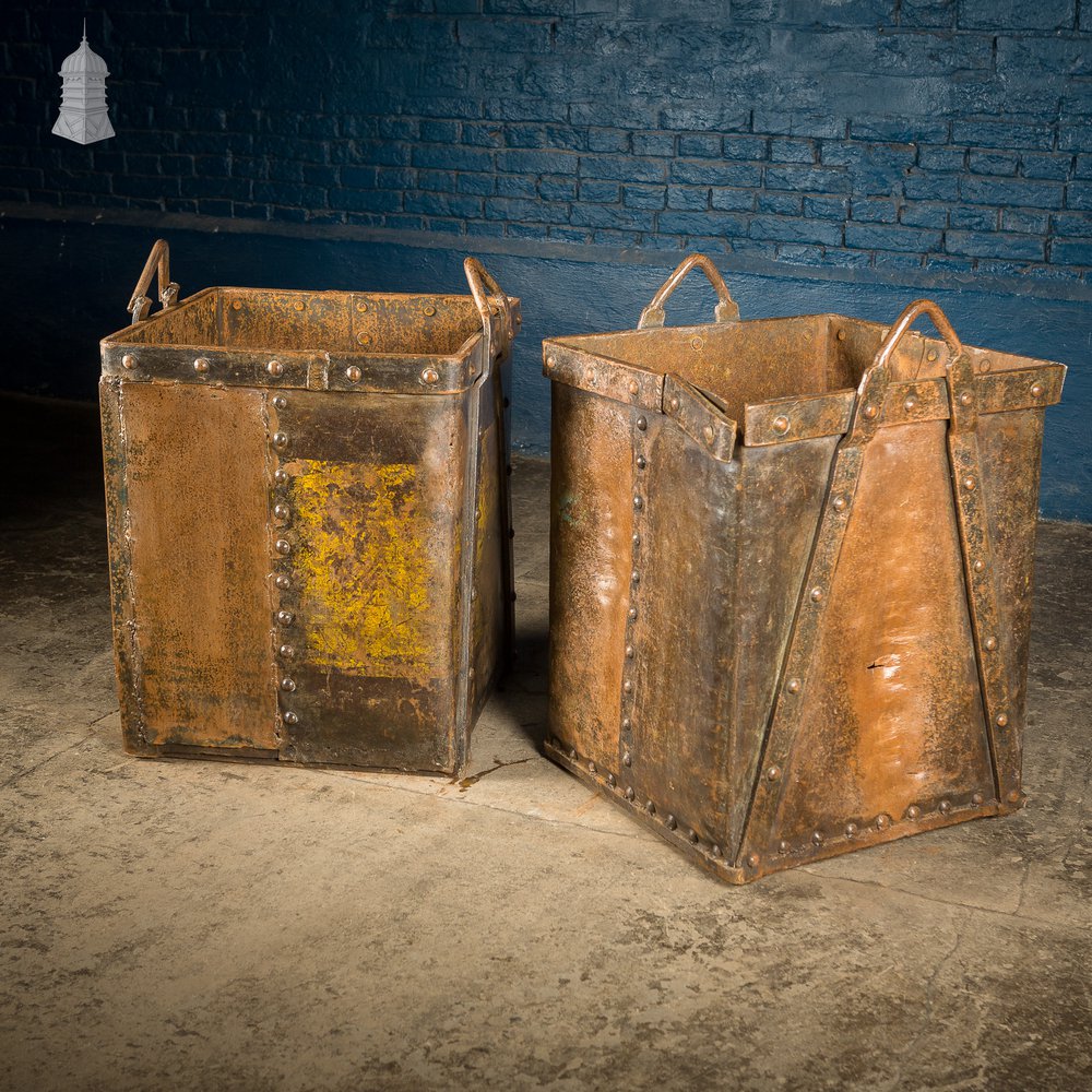 Pair of Riveted Steel Industrial Storage Bins with Waxed Finish