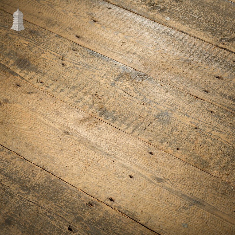 Batch of 45 Square Metres of Long Oxidised Face Pine Floorboards with Planned Backs Cut From Reclaimed Timbers
