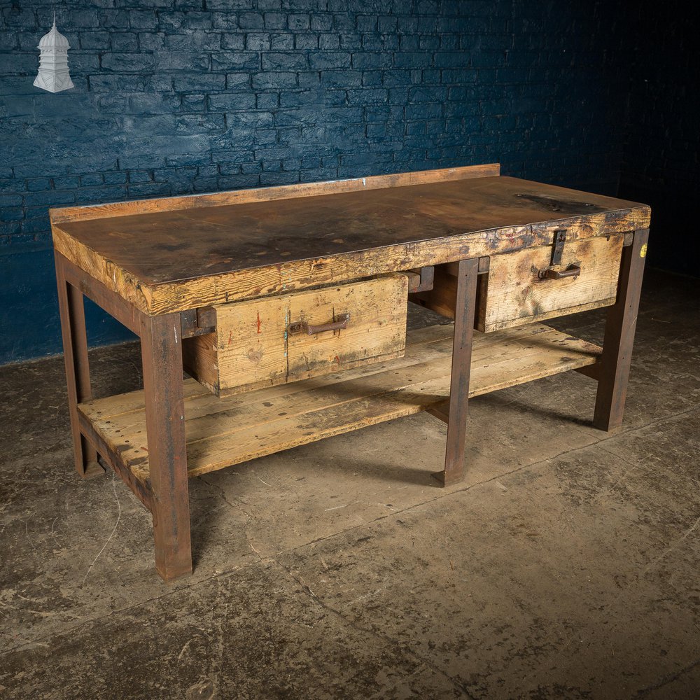 Large Vintage Steel and Timber Industrial Workshop Bench with 2 Drawers