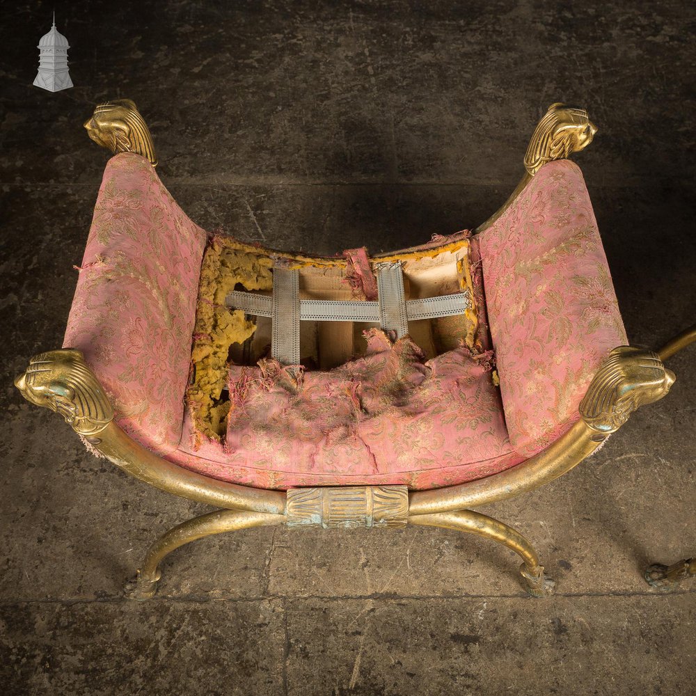 NR53521: Pair of Vintage Brass Lion Head and Paw Detail X Frame Stools for Upholstery