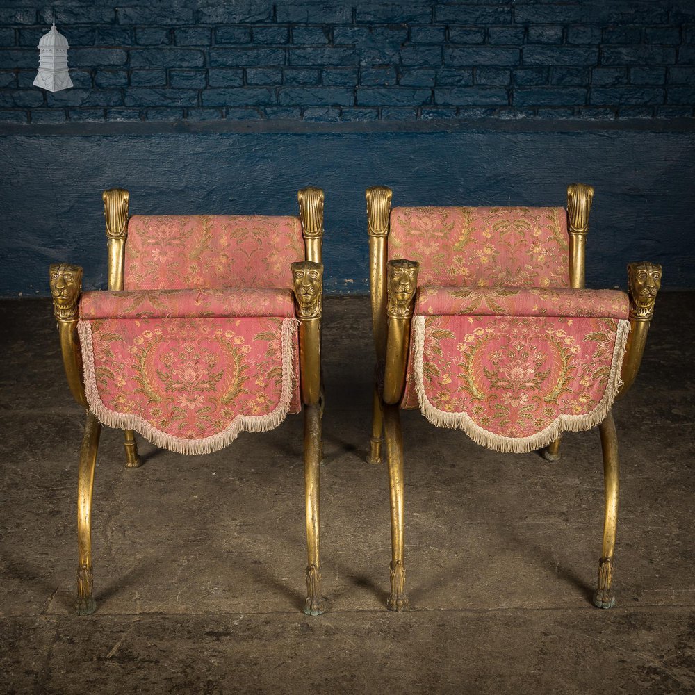 NR53521: Pair of Vintage Brass Lion Head and Paw Detail X Frame Stools for Upholstery
