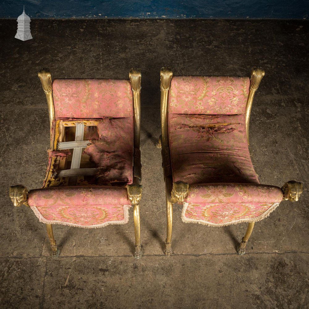 NR53521: Pair of Vintage Brass Lion Head and Paw Detail X Frame Stools for Upholstery
